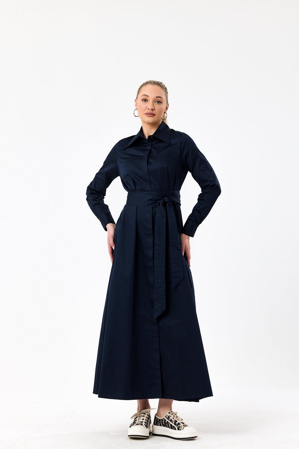 Poplin Elbise- Lacivert