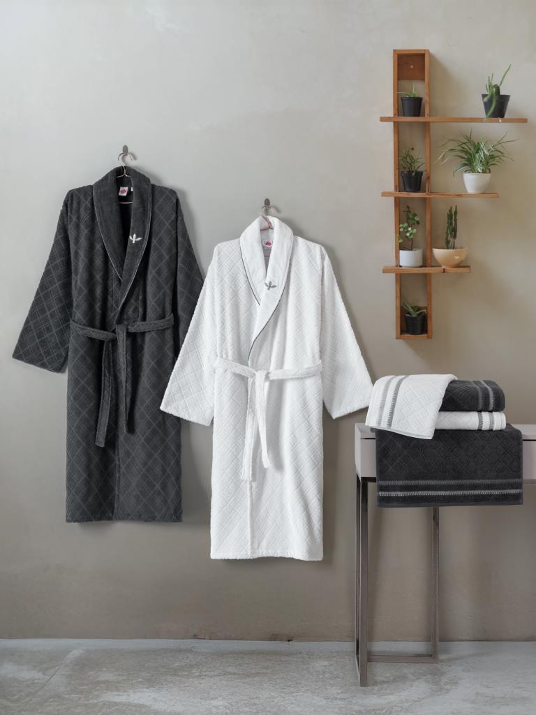 Cotton Box Masculine Aile Bornoz Seti Carlos Beyaz-Antrasit