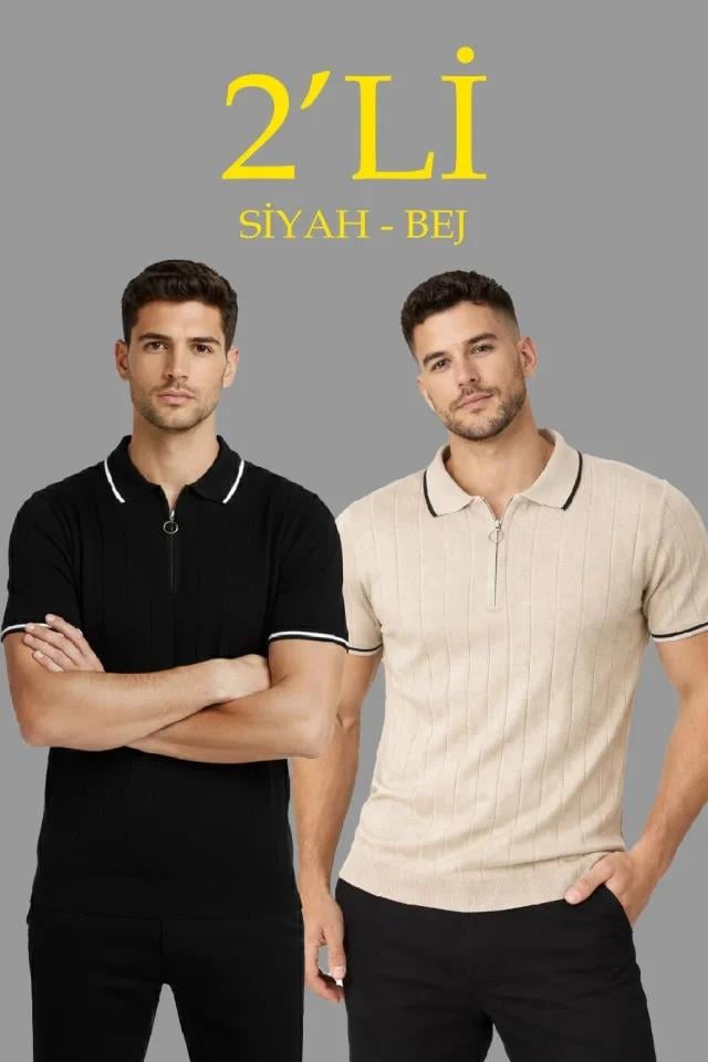 Erkek 2’li Paket Dokuma Triko  Fermuarlı Yakalı Fitilli Kısa Kollu Regular Fit Tişört - Bej - Siyah