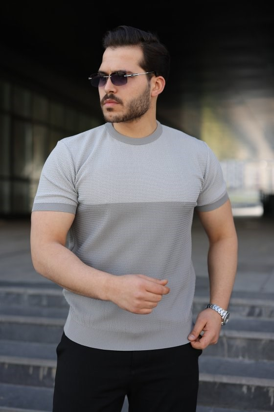 Erkek Renk Bloklu Bisiklet Yaka Kısa Kollu Triko Tişört