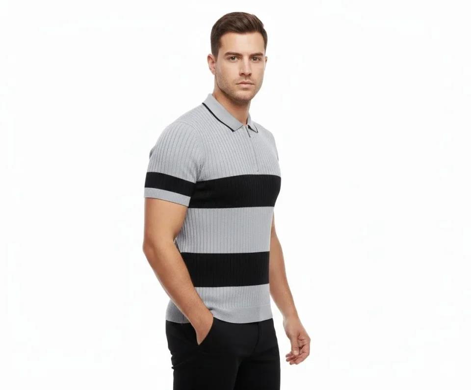 Erkek T-shirt Çizgili Triko Dokuma Kumaş Polo Yaka Yarım Fermuarlı Regular Kalıp Tişört - Gri