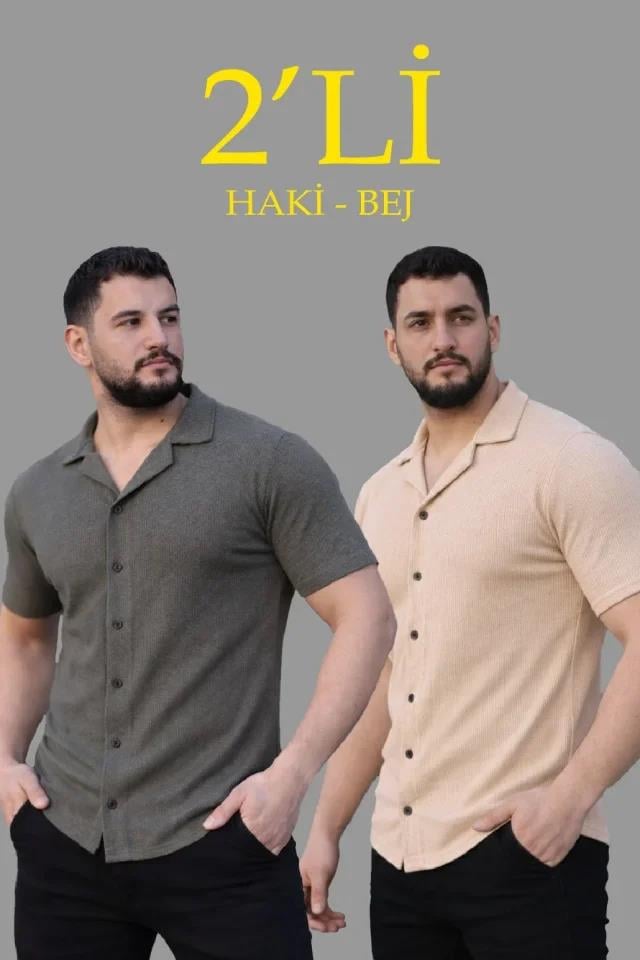 Erkek Waffle Dokuma Açık Yakalı Düğmeli Regular Kalıp 2’li Gömlek Seti - Haki - Bej