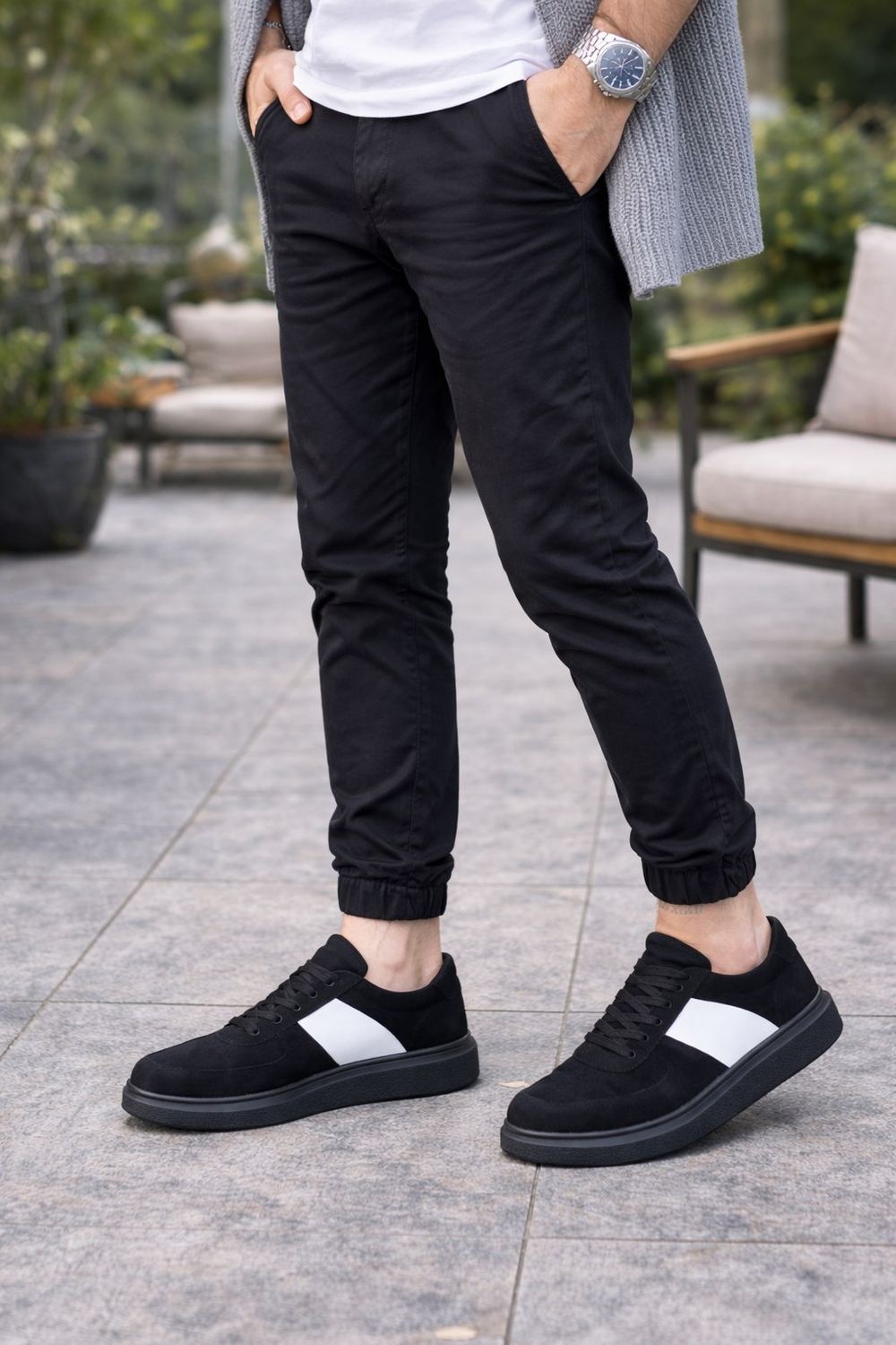 JY011 Line Erkek Günlük Bağcıklı Süet Spor Sneaker Ayakkabı SST - Siyah/Beyaz