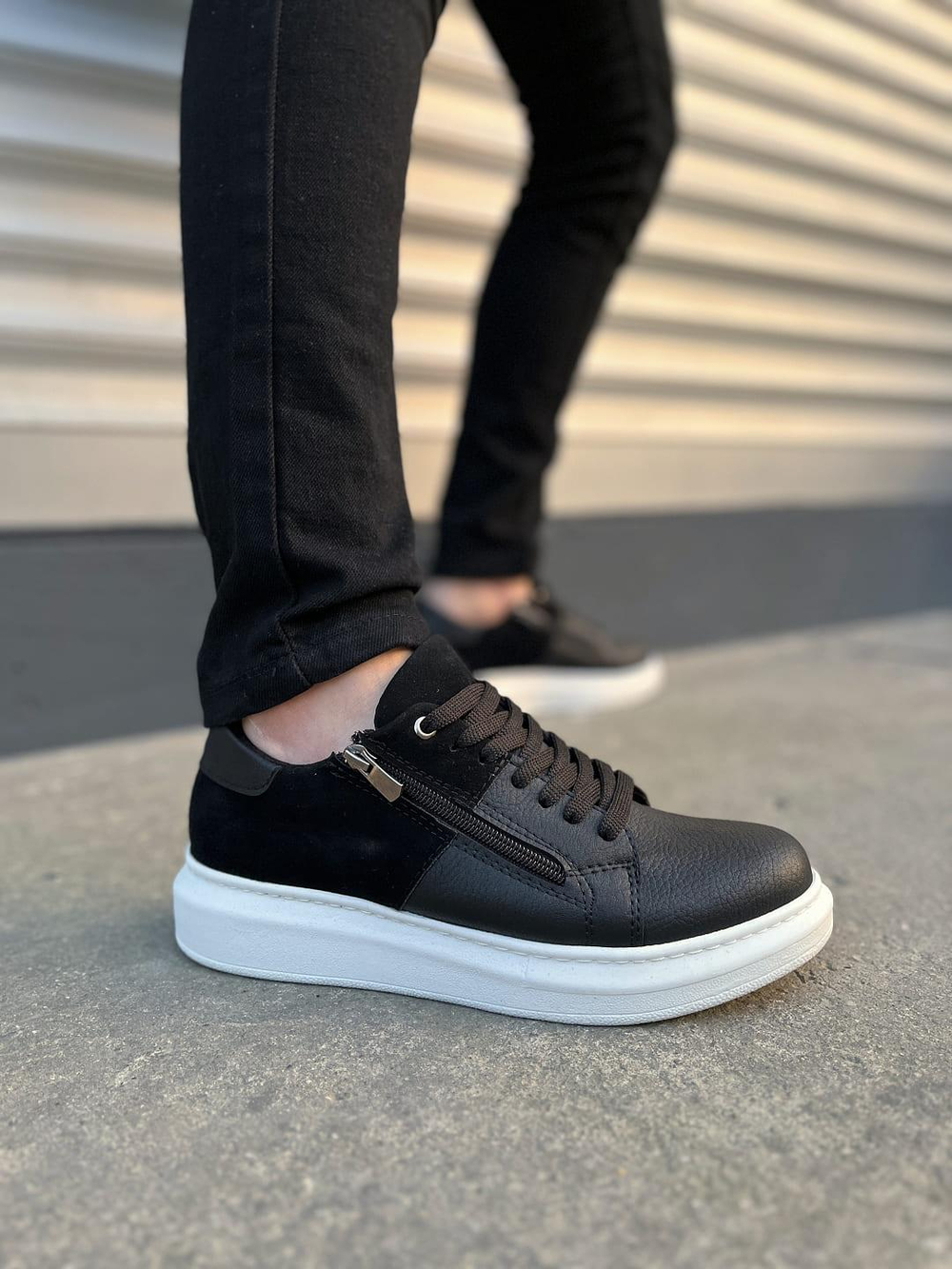 JY155 Warrior Bağcıklı ve Fermuarlı Cilt Süet Erkek Günlük Sneaker Ayakkabı CSBT - Siyah