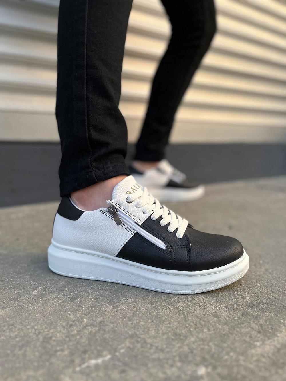 JY155 Warrior Bağcıklı ve Fermuarlı Cilt Erkek Günlük Sneaker Ayakkabı CBT - Beyaz/Siyah