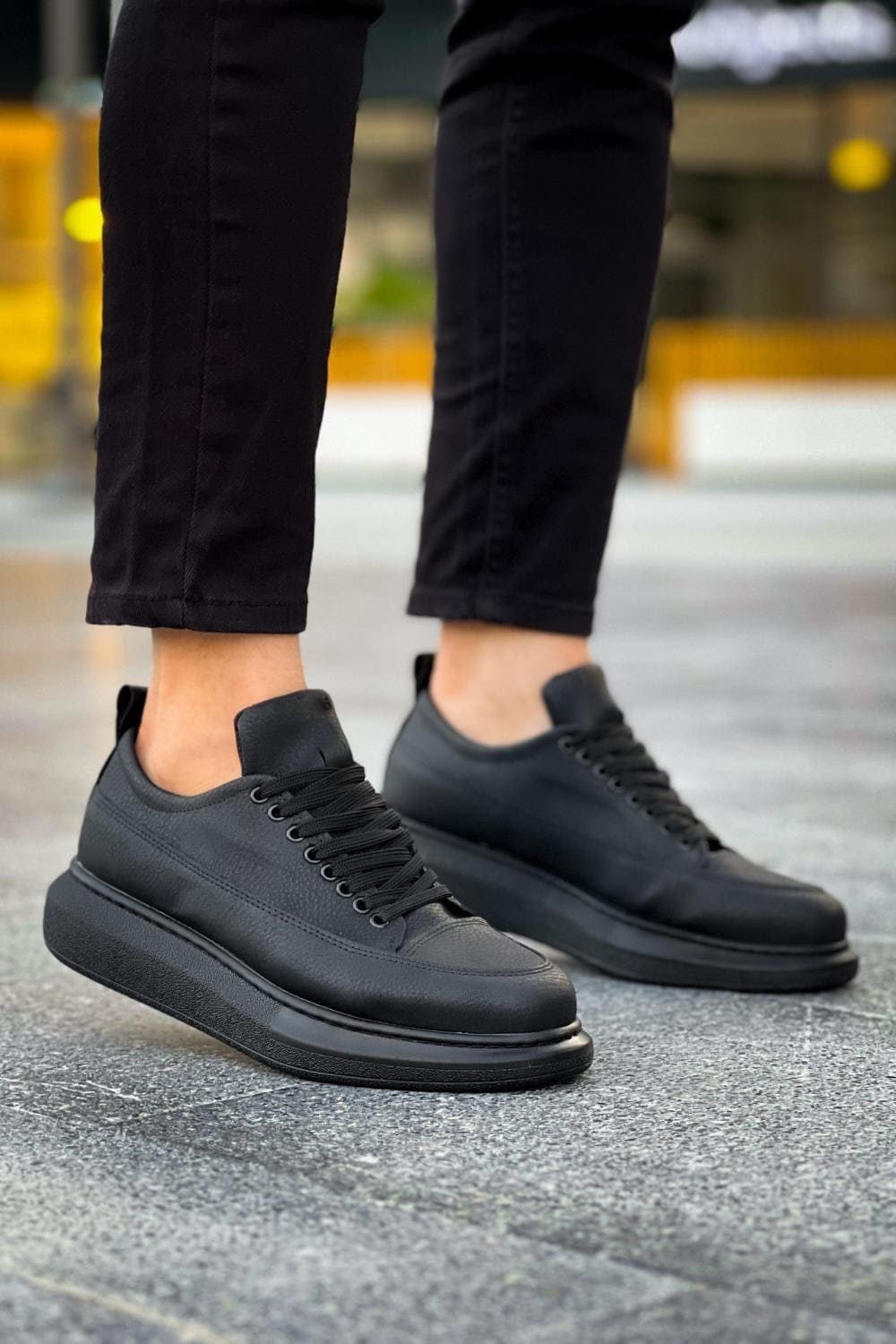 JY814 Axel Bağcıklı Cilt Erkek Günlük Sneaker Ayakkabı CST Siyah