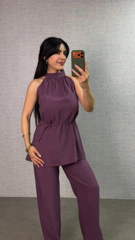 Kadın Halter Yaka Beli Kuşak Detaylı Ikili Takım