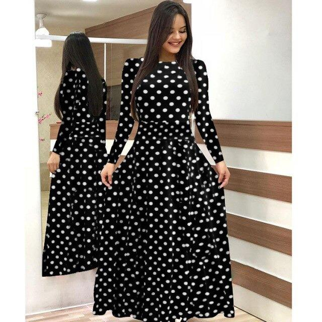 Kadın Siyah Tam Boy Beyaz Puantiyeli Elbise