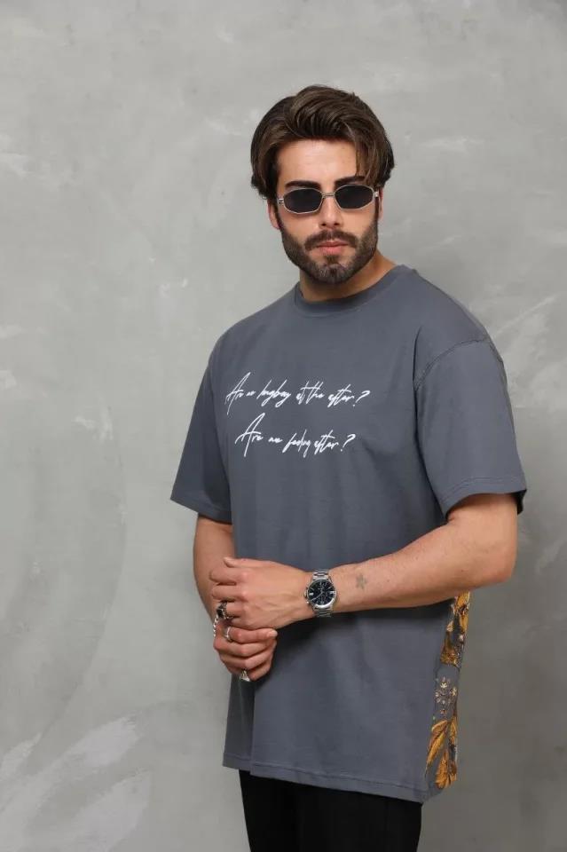 Unisex Bisiklet Yaka Baskılı Oversize T-Shirt - Siyah