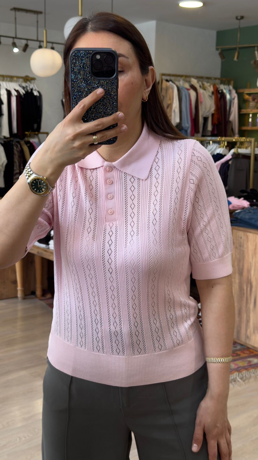 Kendinden Desenli Polo Yaka Bluz Pembe