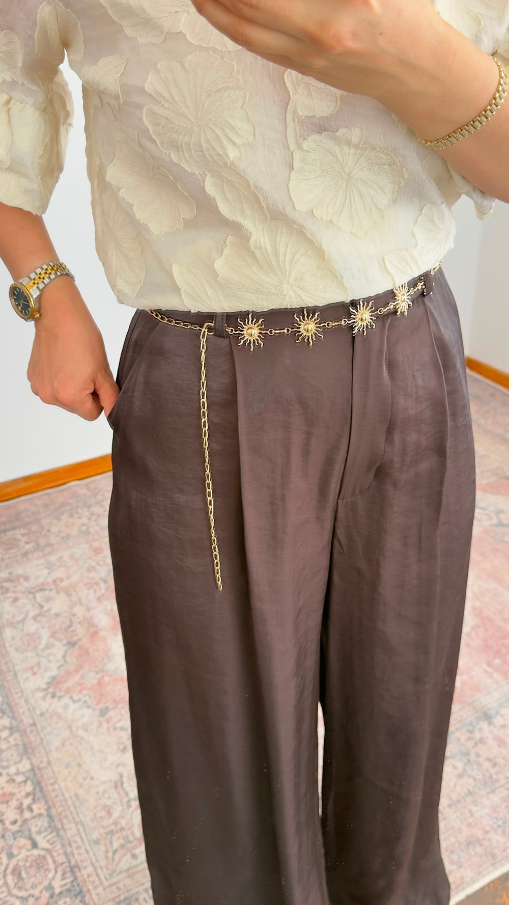 Kendinden Kemerli Saten Pantolon – Kahve
