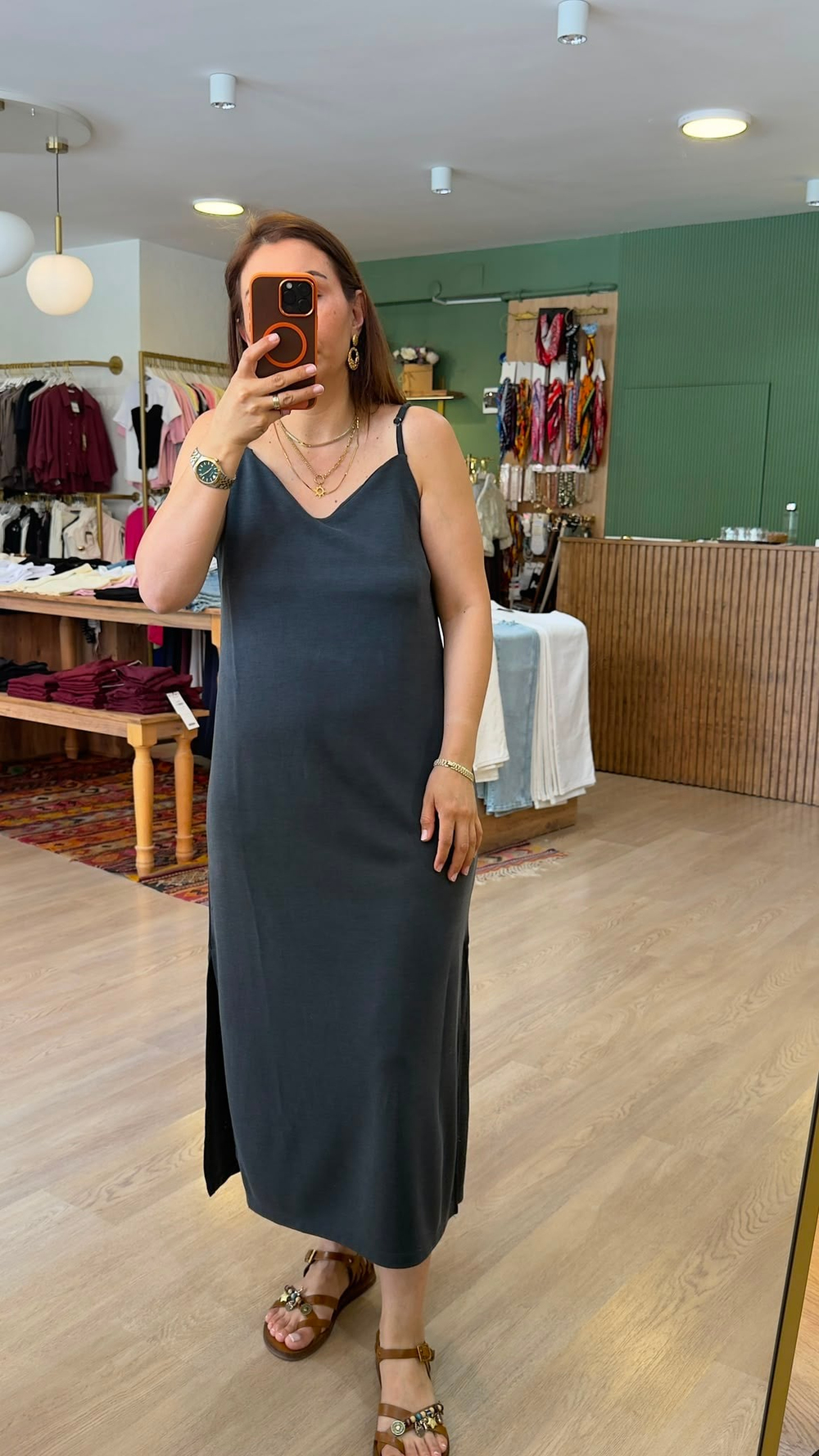 Pike Kumaş Yırtmaçlı Askılı Elbise Füme Rue