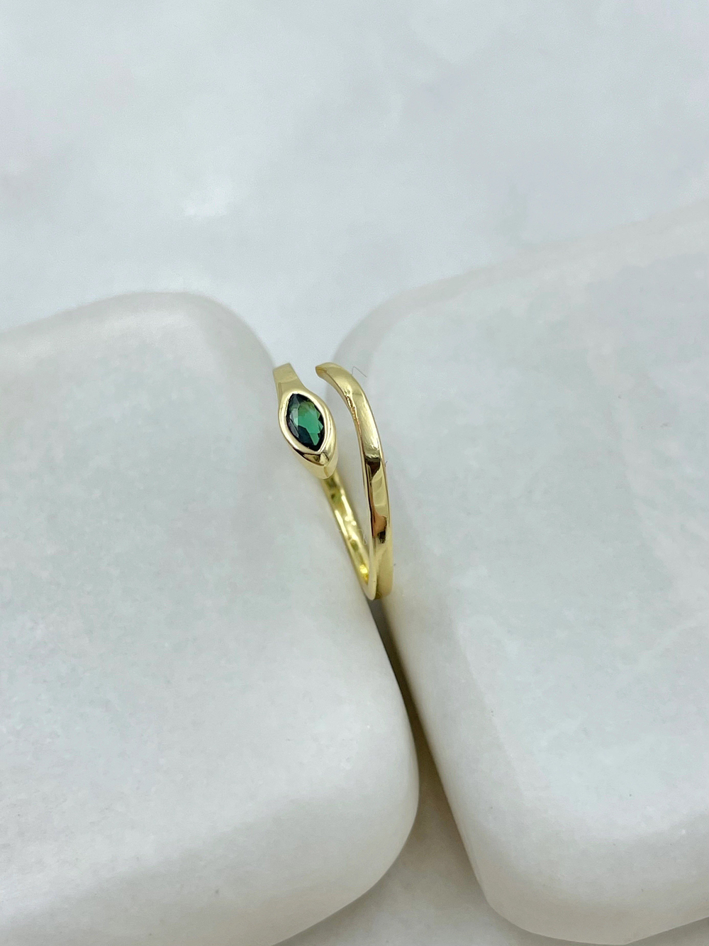 Altın Kaplama Yeşil Kristal Taşlı Yılan Serçe Parmak Yüzüğü Gold