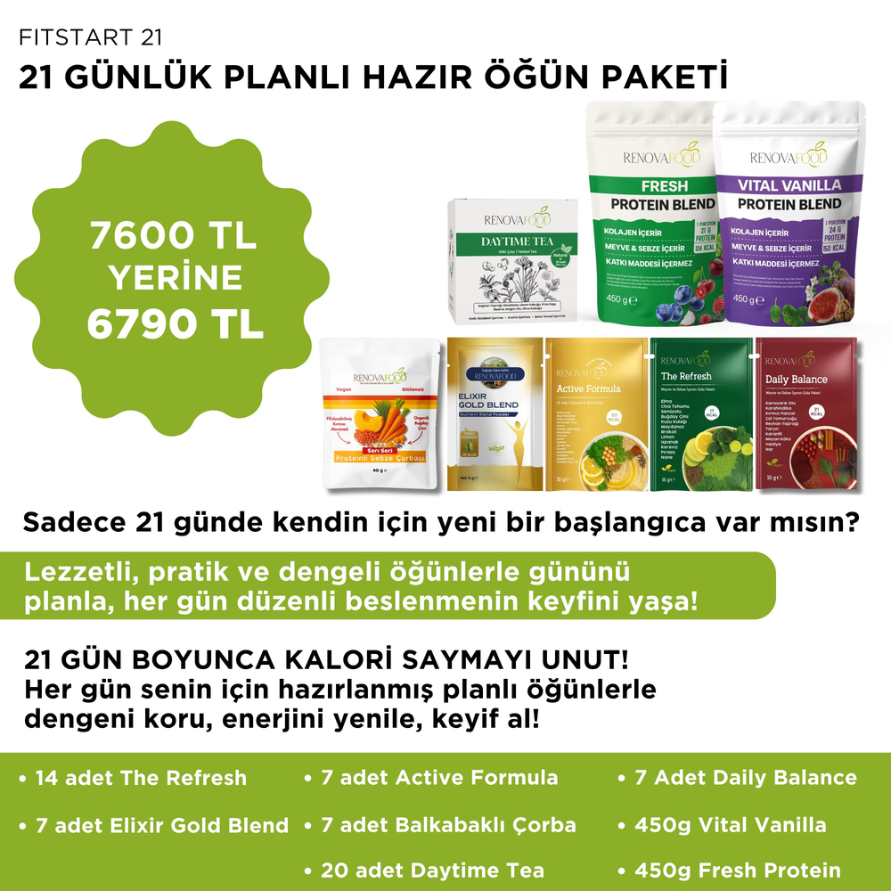 21 Günlük Planlı Hazır Öğün Paketi (2 Ana + 1 Ara Öğün İçerir)