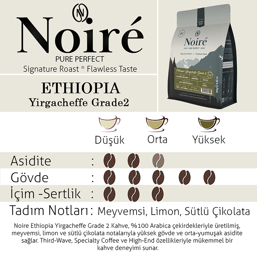 Noire Ethiopia Yirgacheffe Grade 2 250g %100 Arabica Single Origin 