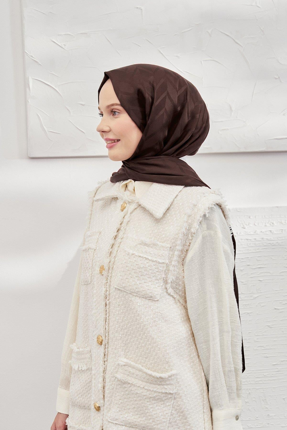 Armanda Jakarlı Şal - Zigzag Desenli - Acı Kahve
