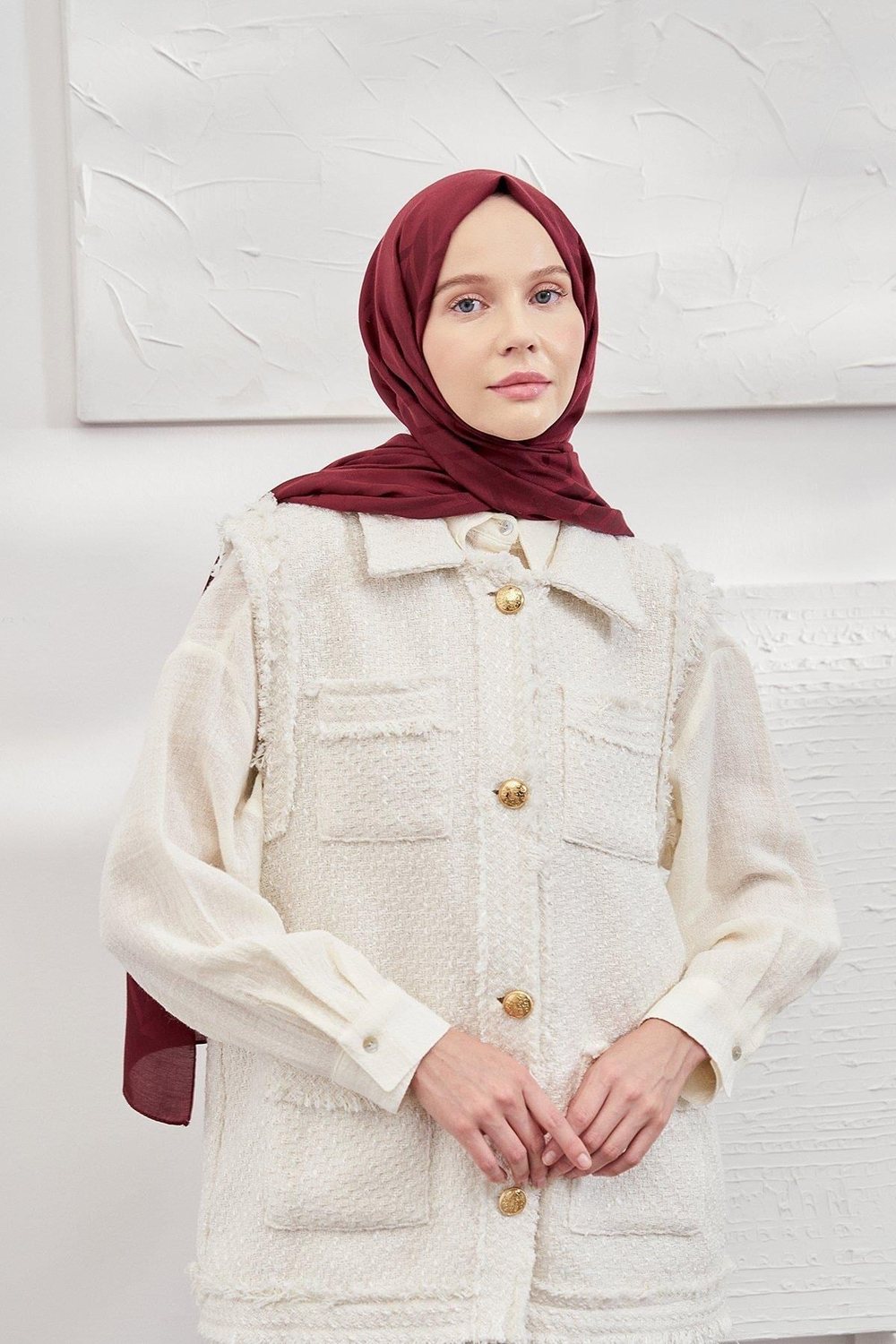 Armanda Jakarlı Şal - Zigzag Desenli - Bordo