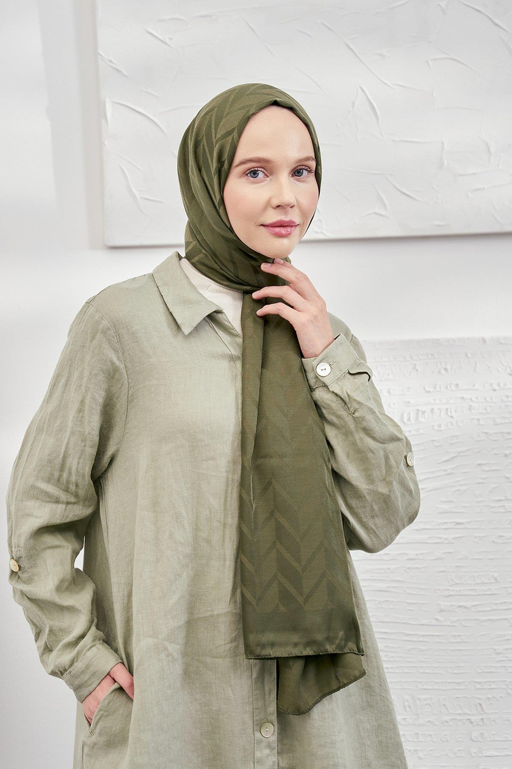 Armanda Jakarlı Şal - Zigzag Desenli - Haki