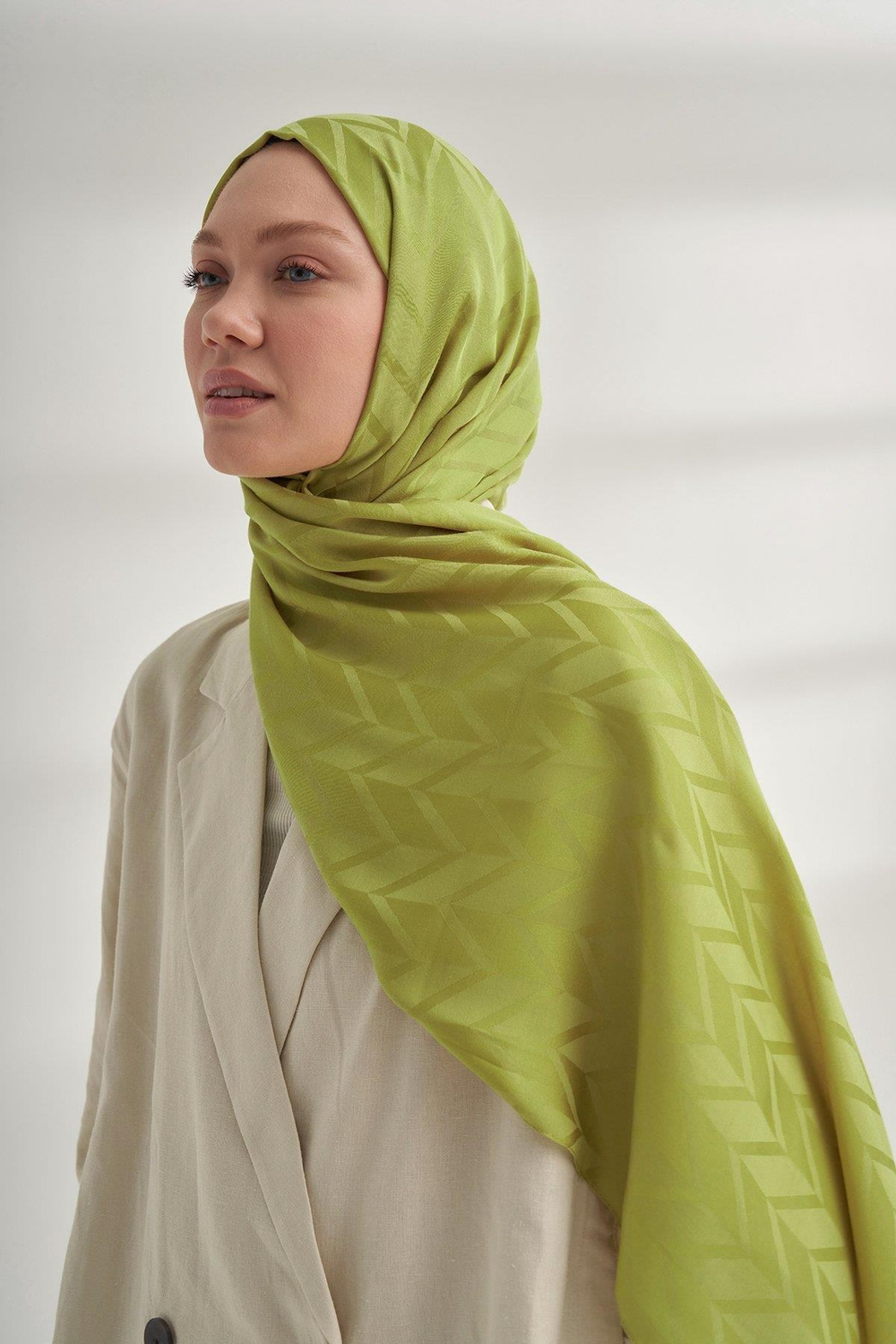 Armanda Jakarlı Şal - Zigzag Desenli - Yağ Yeşili
