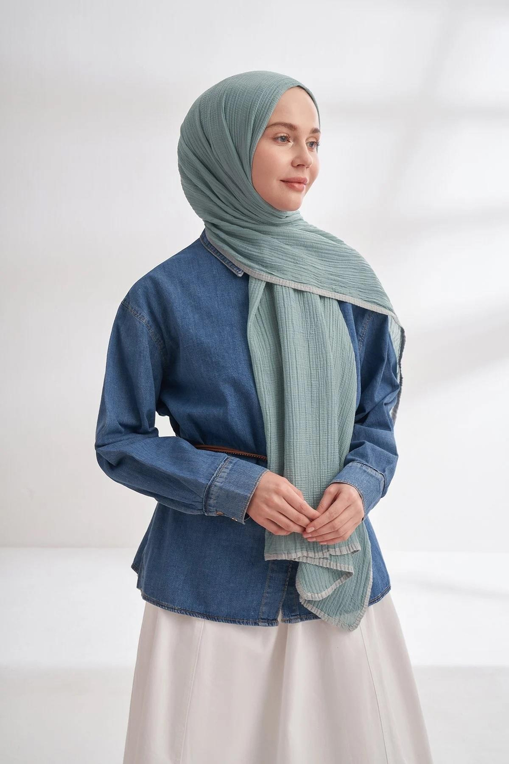 Armanda Müslin Biyeli Şal - Mint Yeşili