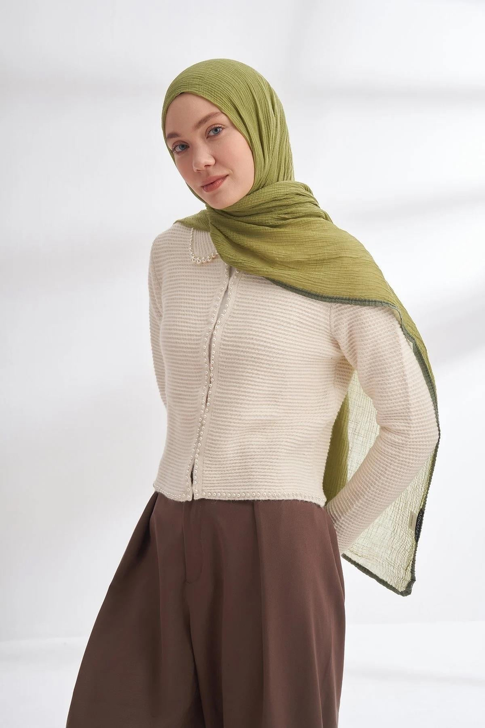 Armanda Müslin Biyeli Şal - Olive