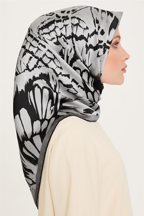 Armine İpek Eşarp 2025 Kış - 9256-39 Siyah Gri Twill