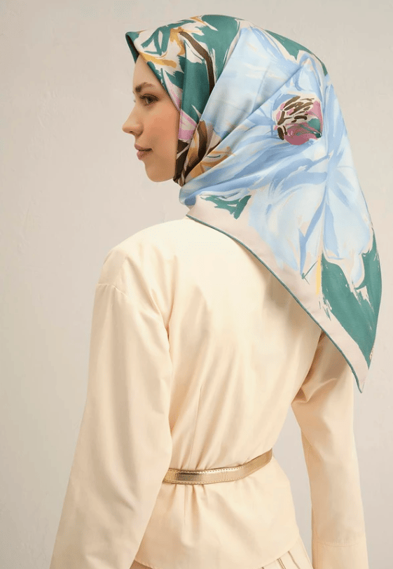 Armine İpek Eşarp 2025 Yaz - 9337-50 Yeşil Mavi Twill