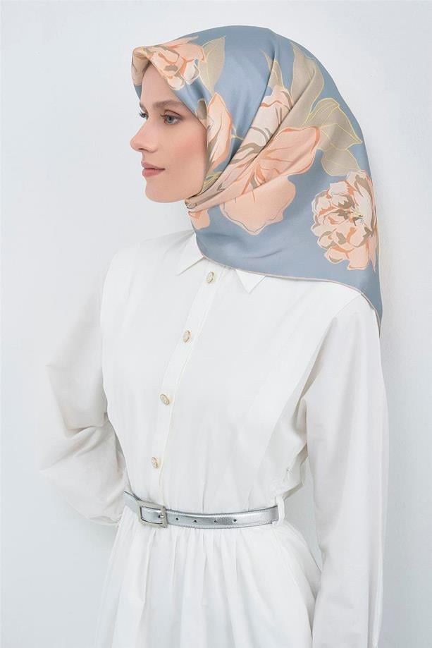 Armine İpek Eşarp 2026 Yaz - 9509-81 Mavi Somon Twill
