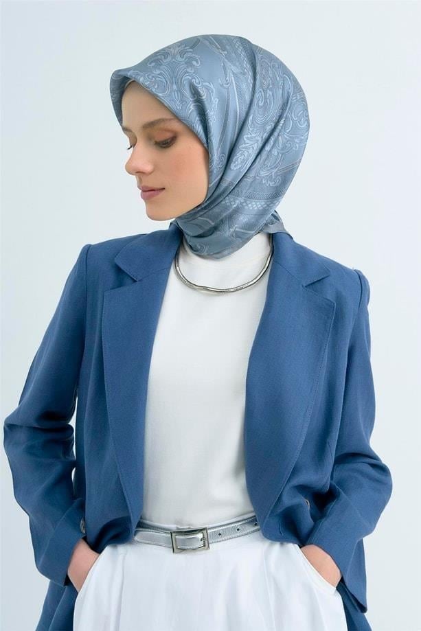 Armine İpek Eşarp 2026 Yaz - 9537-03 Gri Mavi Twill