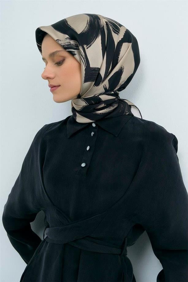 Armine İpek Eşarp 2026 Yaz - 9555-05 Siyah Bej Twill