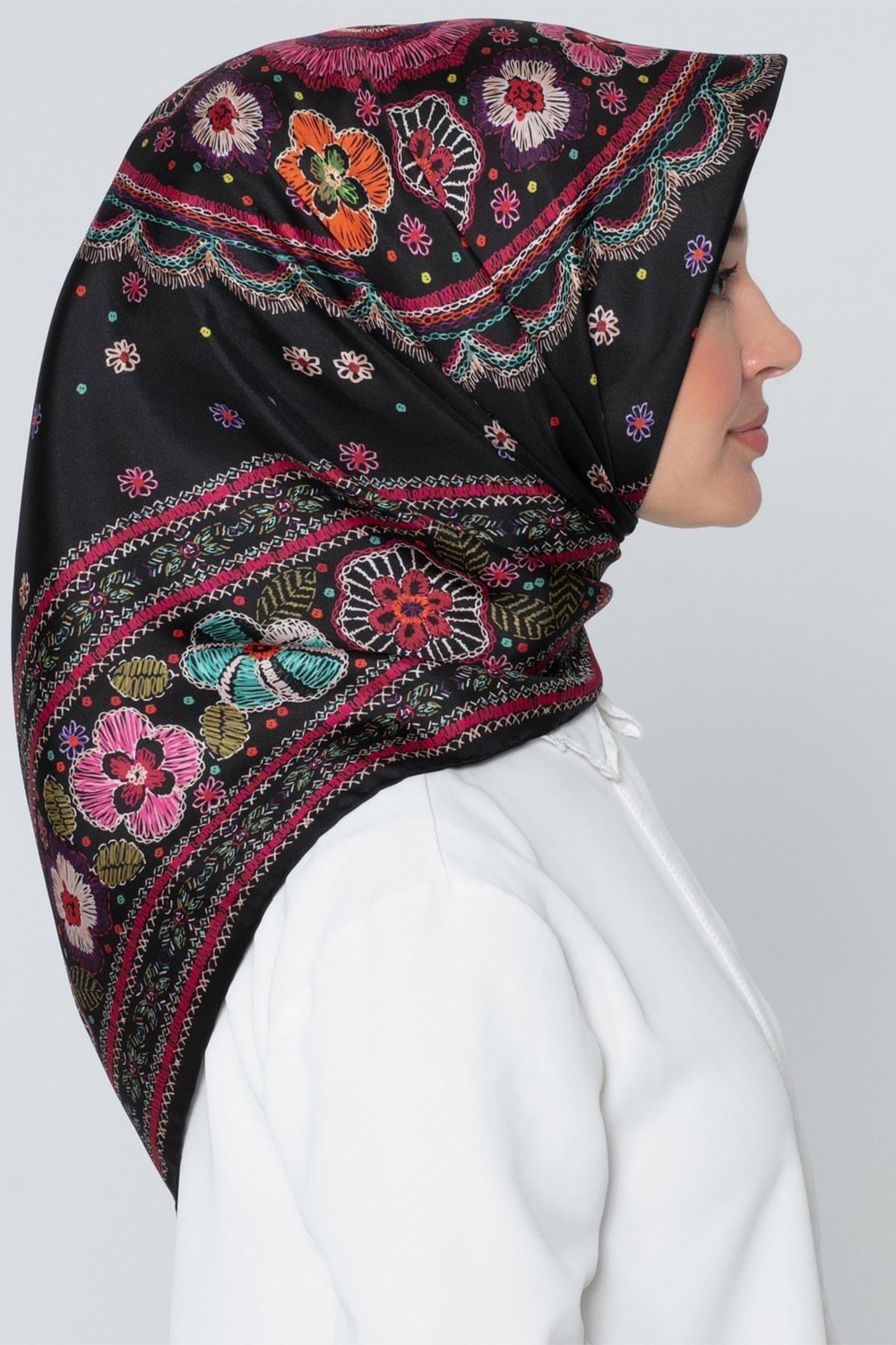Armine İpek Eşarp Nostalji - 7866-09 Siyah Pembe Twill