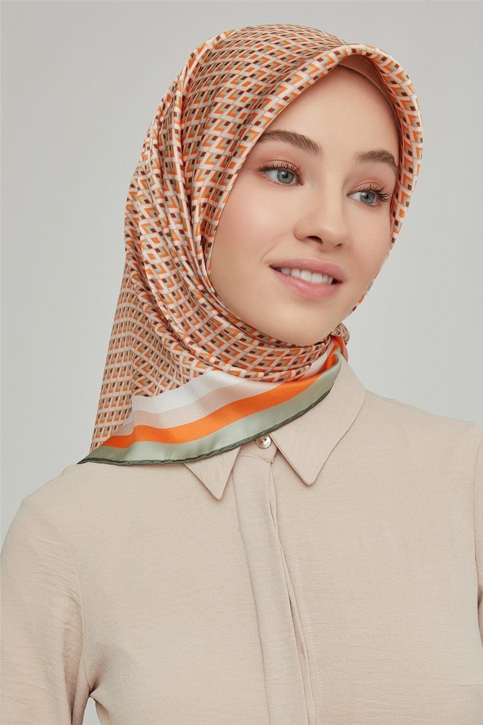 Armine İpek Eşarp Nostalji - 8634-42 Turuncu Yeşil Twill