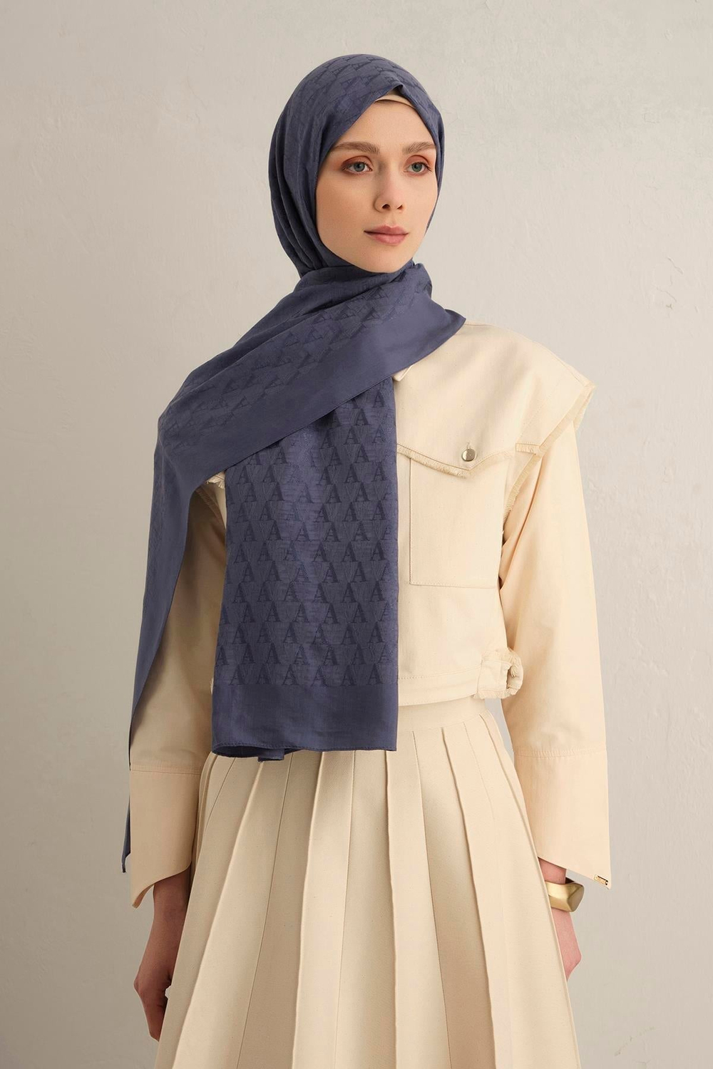 Armine Pamora Şal - Monogram Desenli 3 - Kot Mavi 26