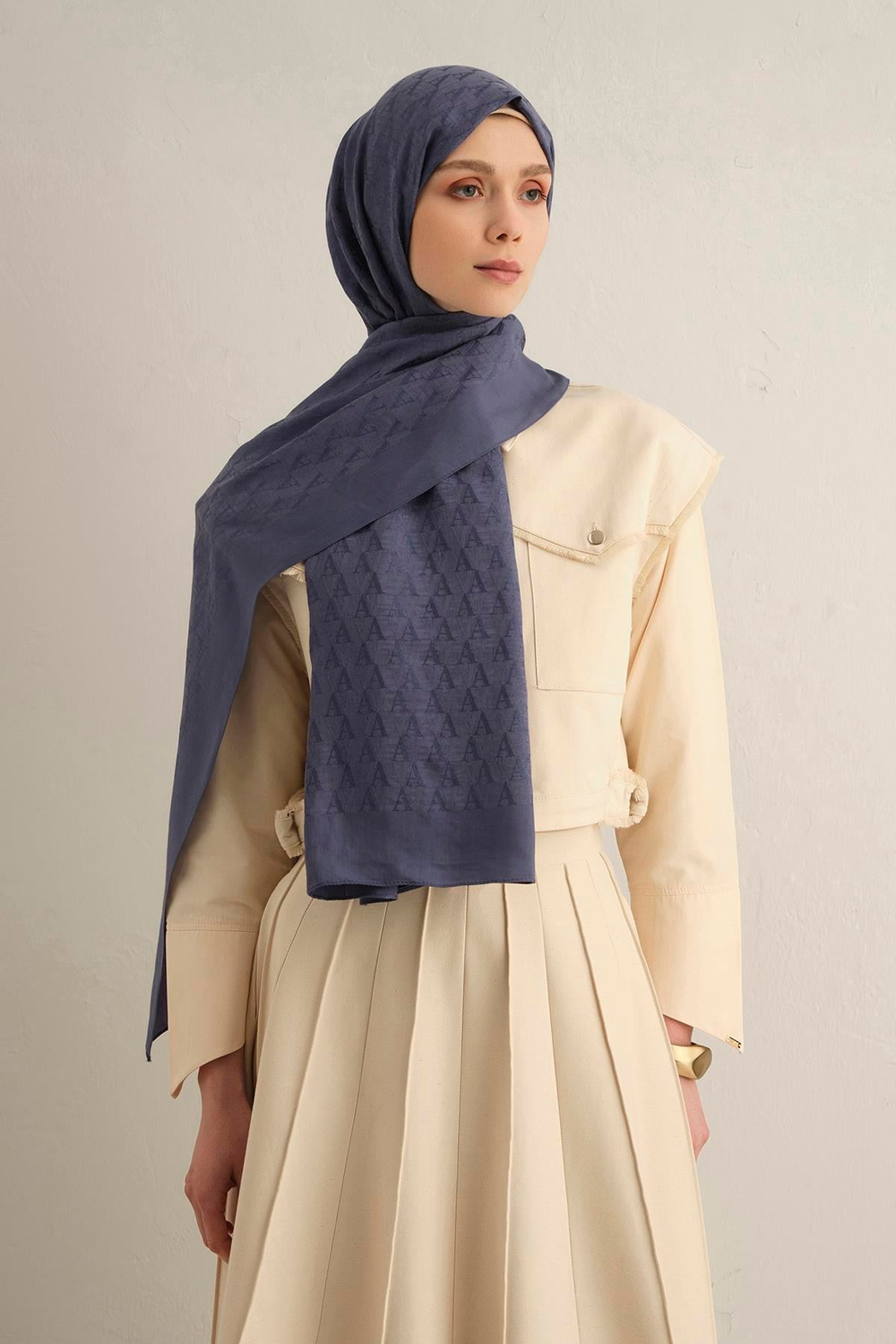 Armine Pamora Şal - Monogram Desenli 3 - Kot Mavi 26