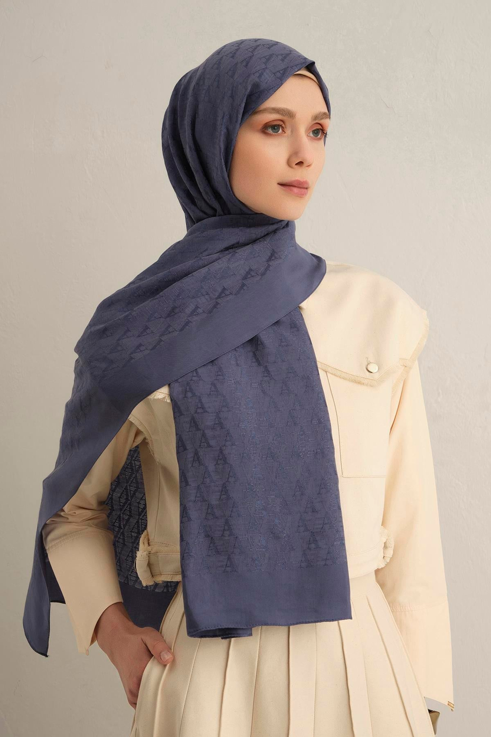 Armine Pamora Şal - Monogram Desenli 3 - Kot Mavi 26