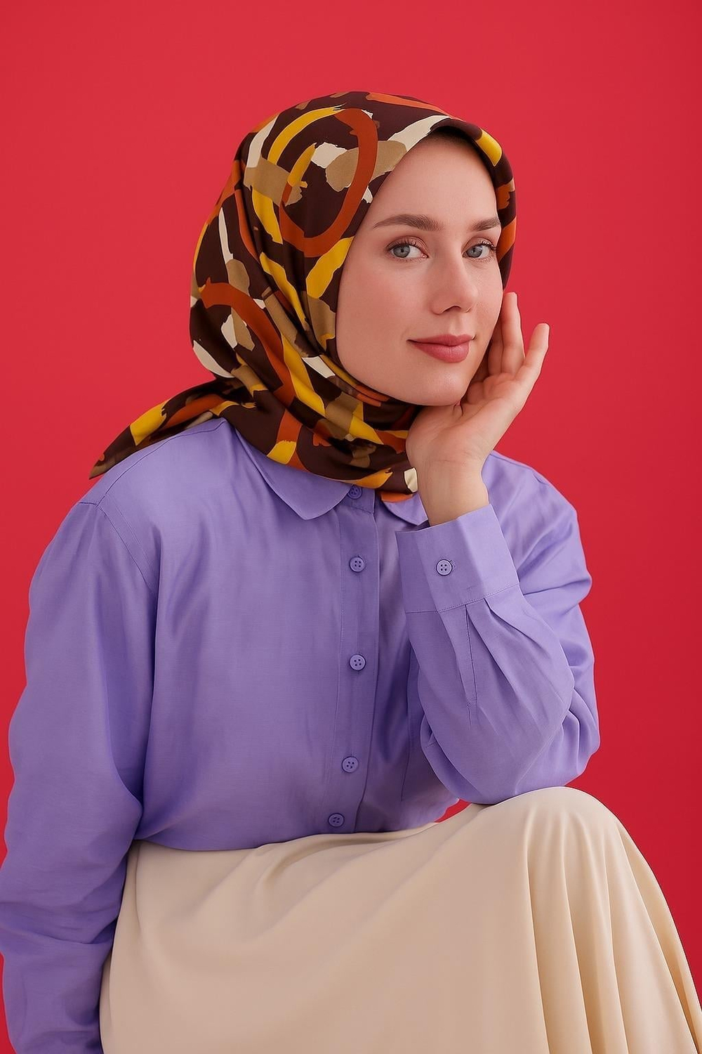 Belli Twill İpek Eşarp - 4039-33 Kahverengi