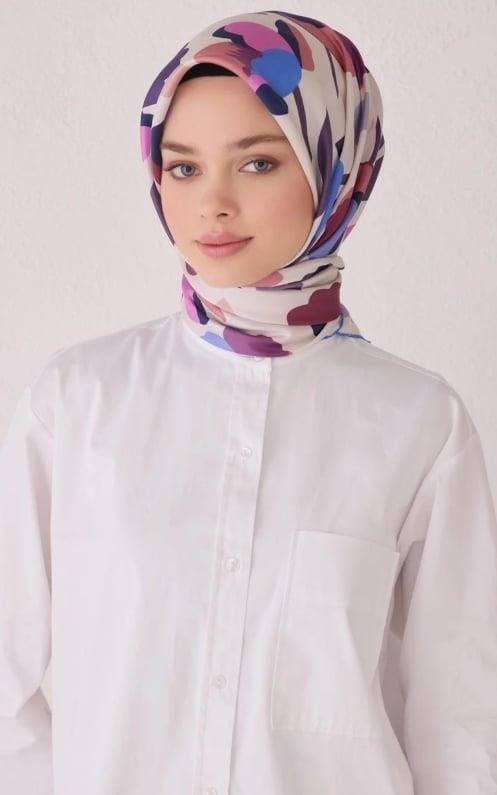 Belli İpek Eşarp - 4040-06 Beyaz Mürdüm Twill