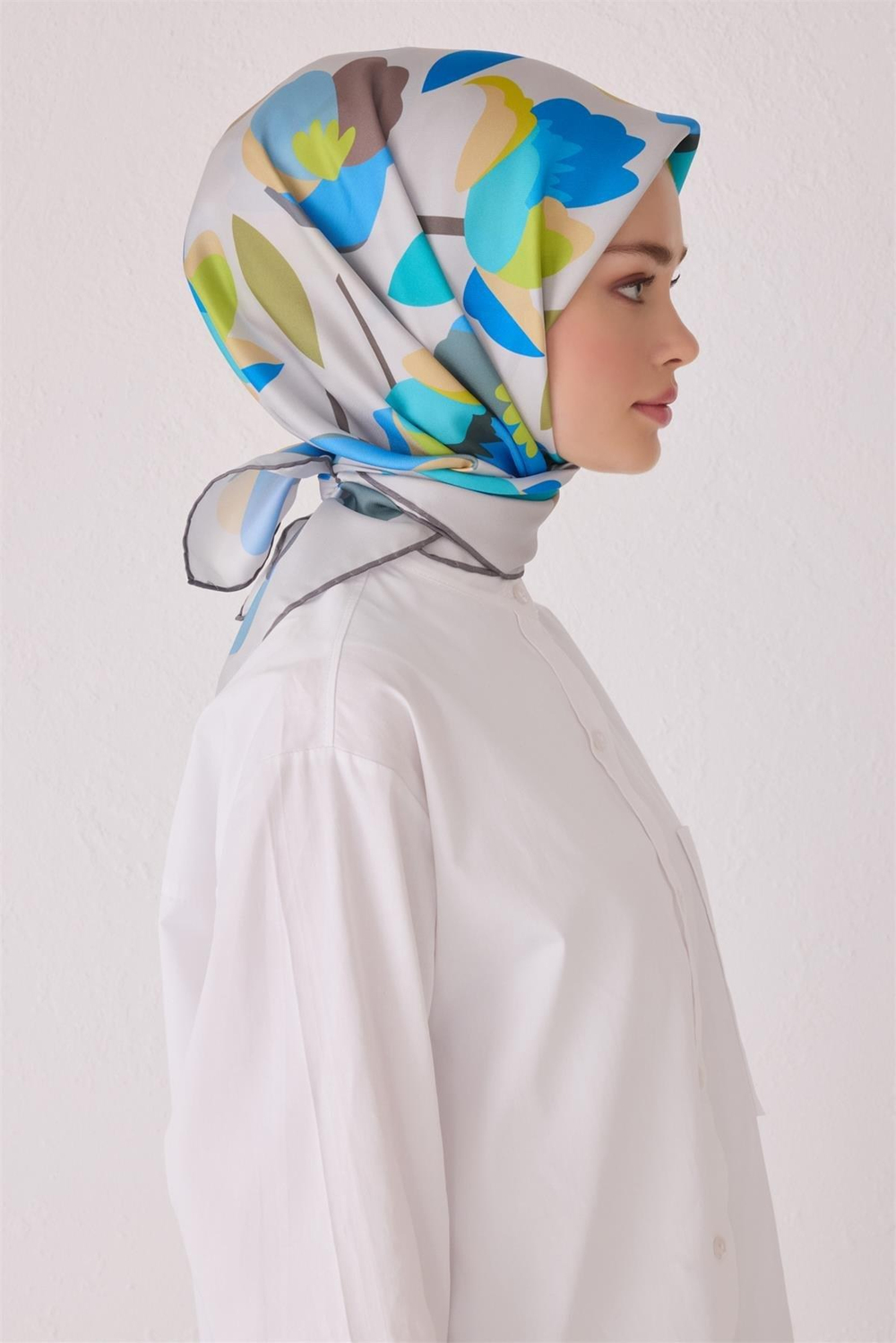 Belli Twill İpek Eşarp - 4040-32 Açık Gri Turkuaz
