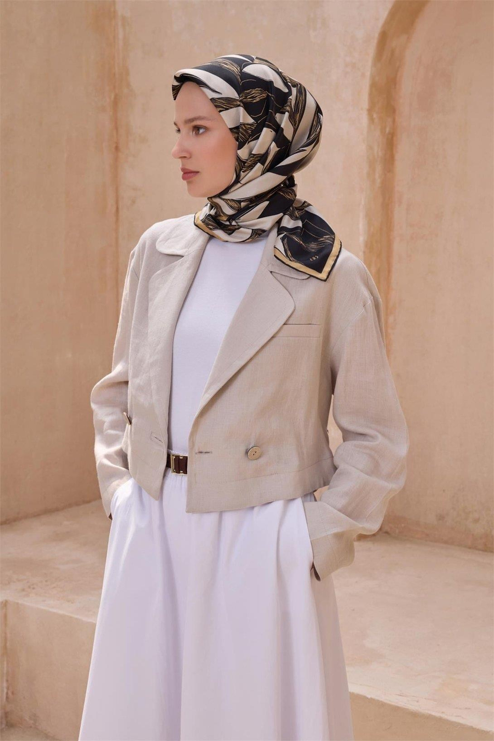 Belli İpek Eşarp - 4123-30 Siyah Ekru Twill