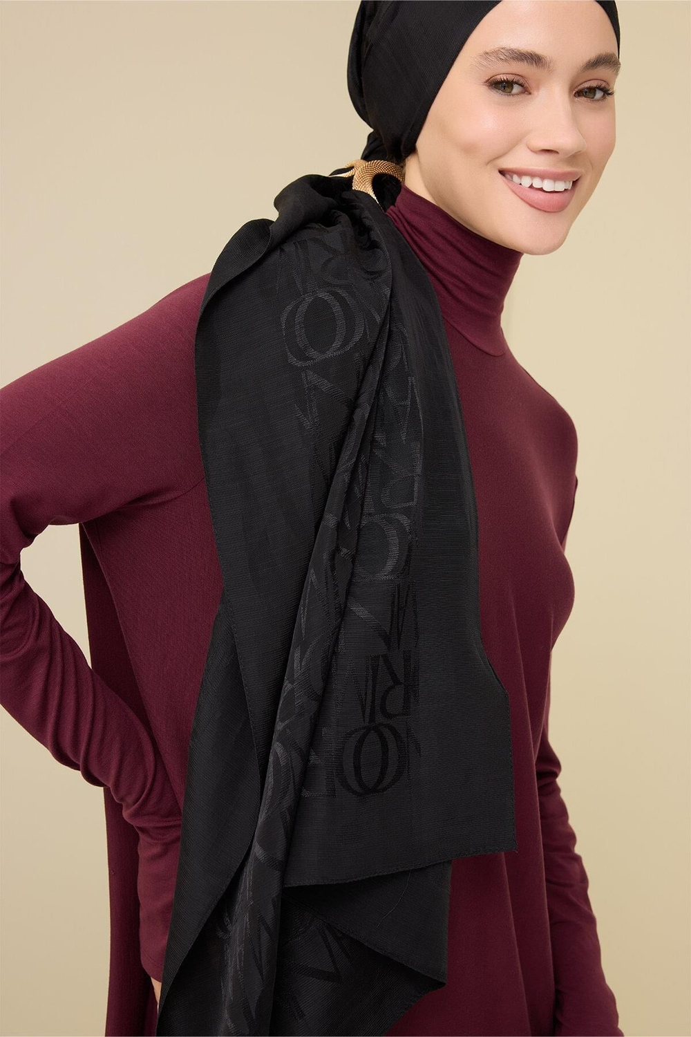 Imannoor Floş Pamuk Şal - Monogram Shiny - Siyah