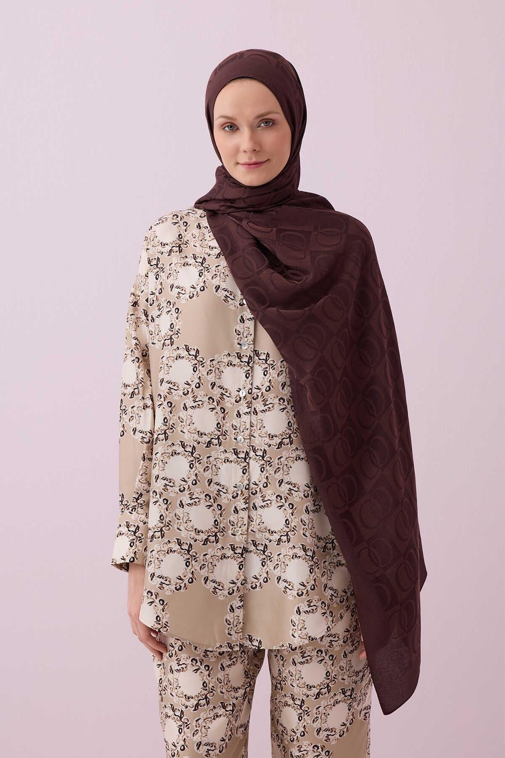 Imannoor Naia Şal - Dama Desenli - Kahve