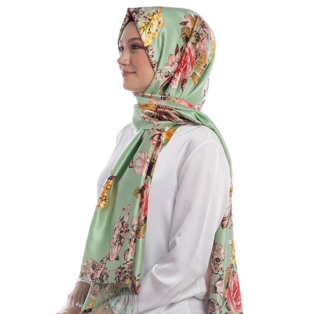 İpekevi Desenli İpek Şal - Şakayık Bahçesi - Mint Yeşili