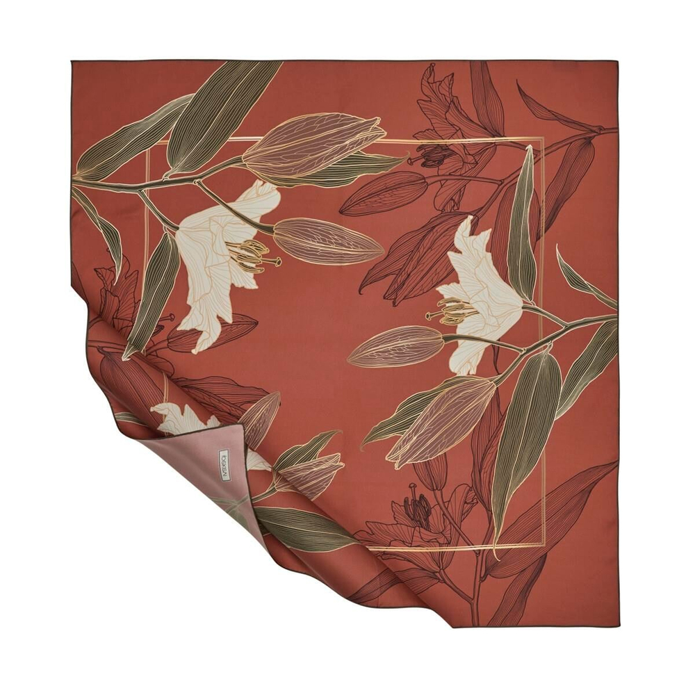 İpekevi Twill İpek Eşarp - Lilyum Desenli - Terracotta