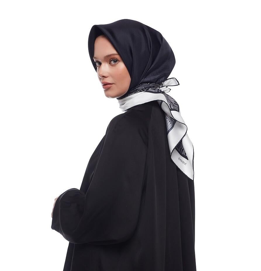 İpekevi Twill İpek Eşarp - Qufi Pattern - Siyah Beyaz