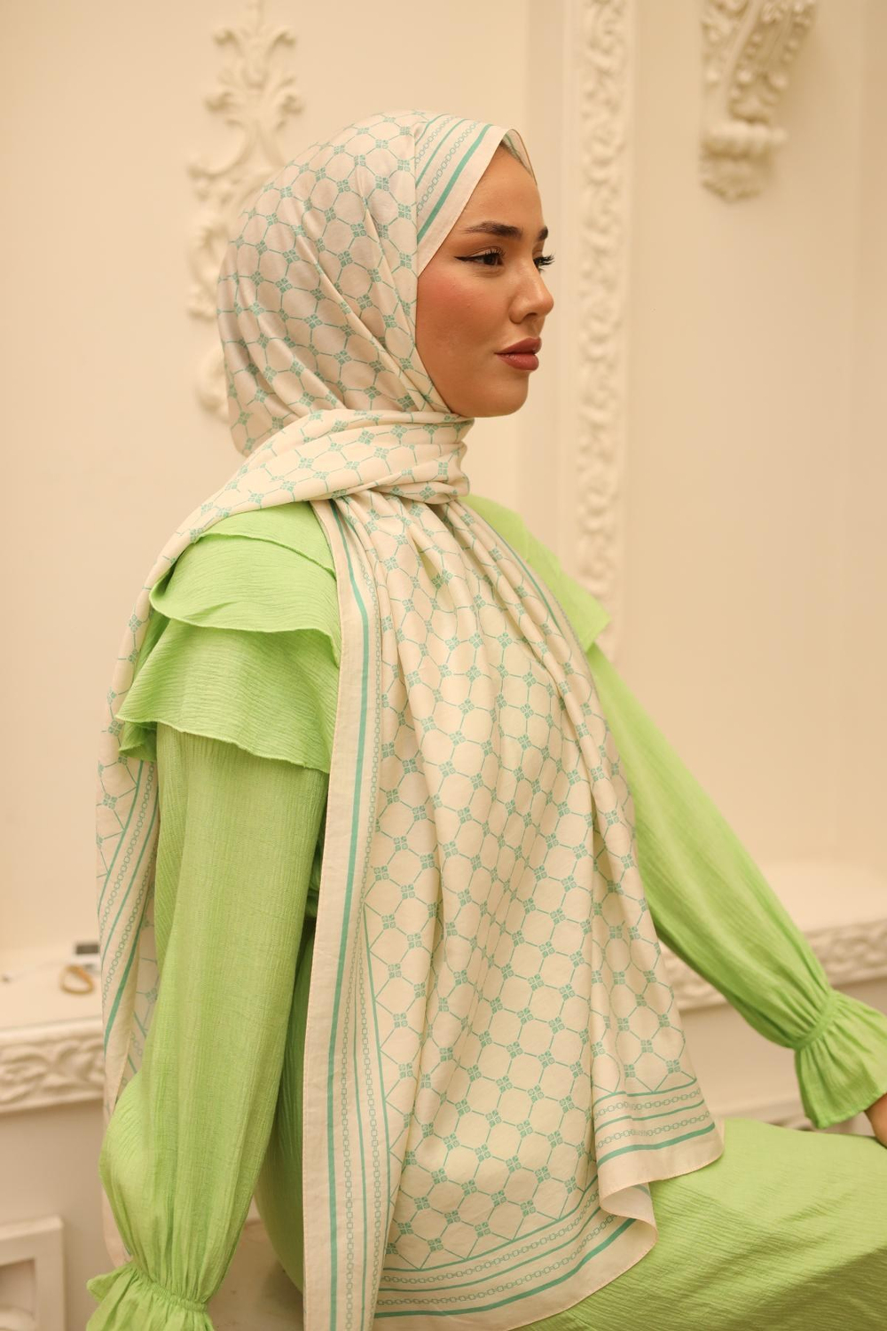 Silk Home Olinda Şal - 49005 - 12 Krem Biskay Yeşili