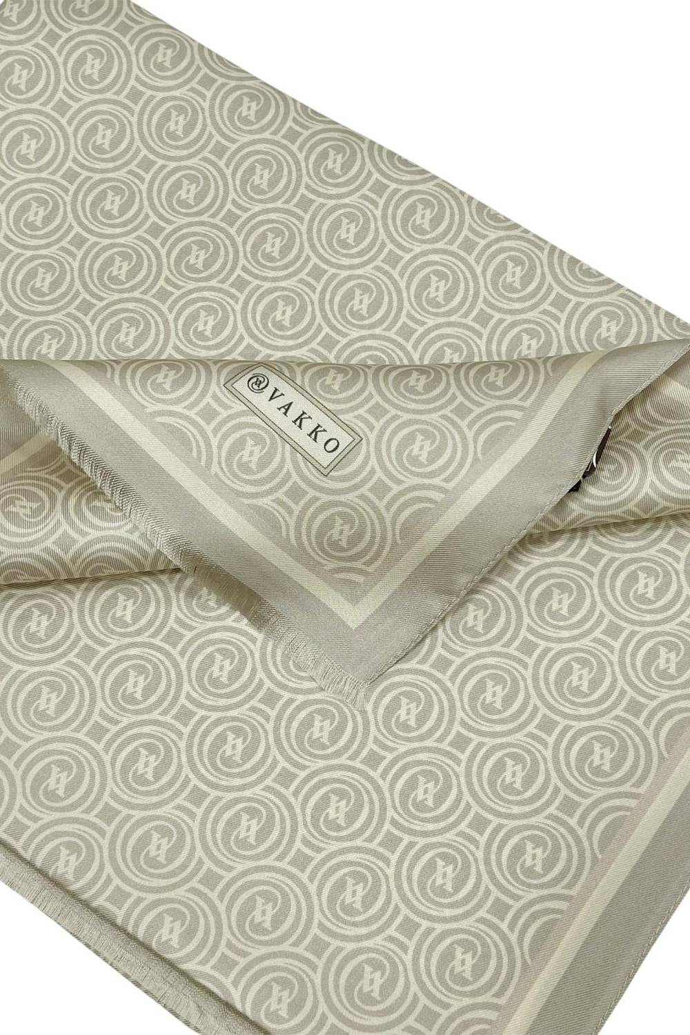Vakko Twill İpek Şal - Yeni Monogram - Açık Taş Krem