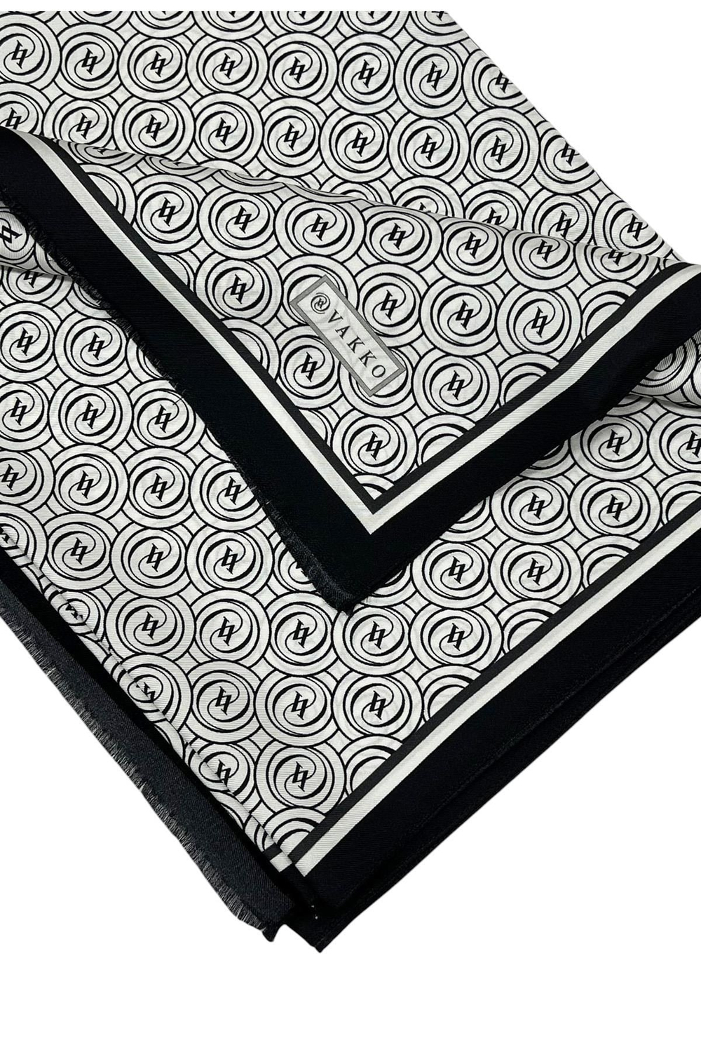 Vakko Twill İpek Şal - Yeni Monogram - Beyaz Siyah