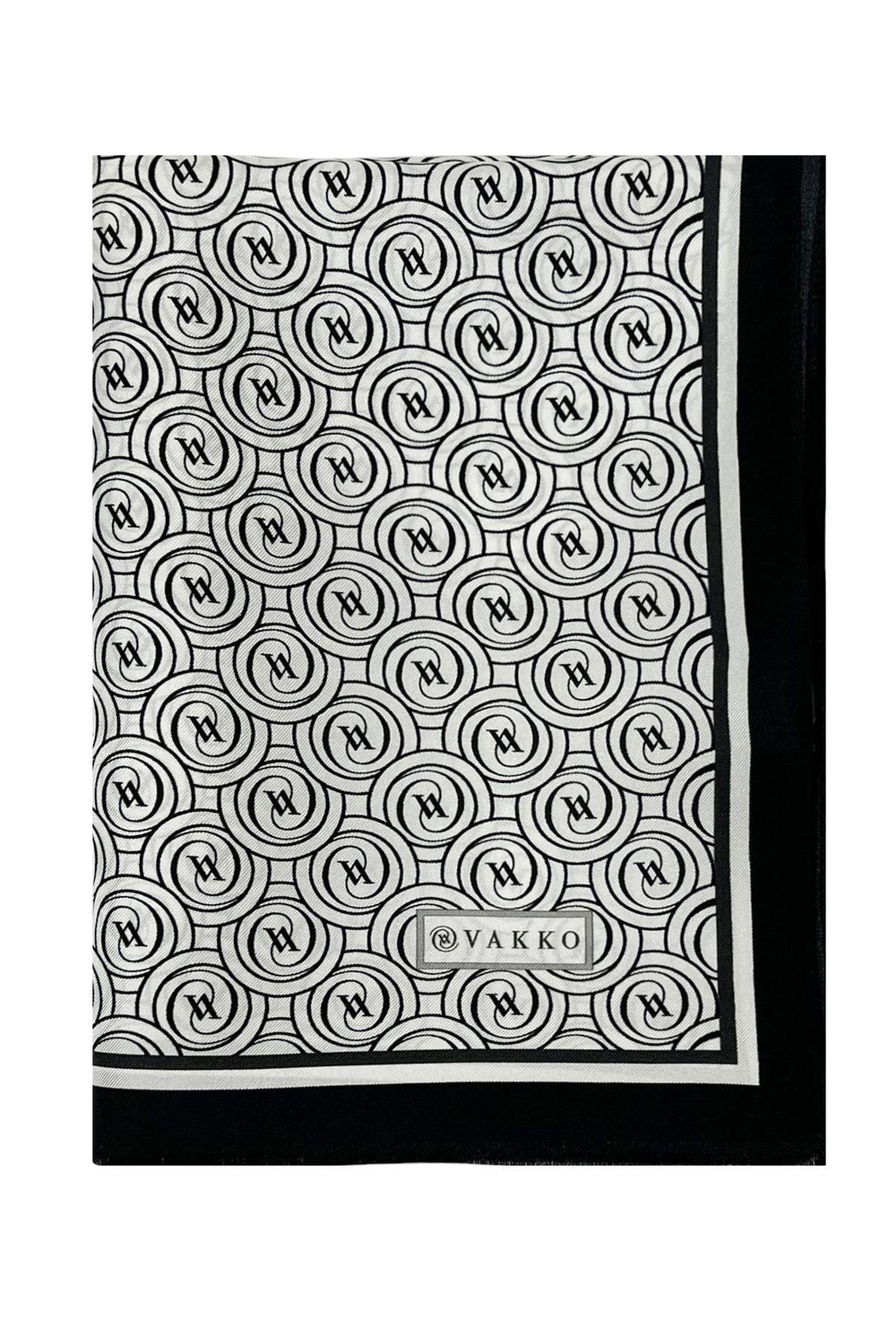 Vakko Twill İpek Şal - Yeni Monogram - Beyaz Siyah