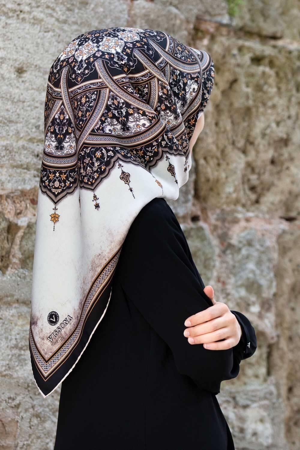 Vissona Twill İpek Eşarp - 17376 - 0001-0003 Siyah Krem