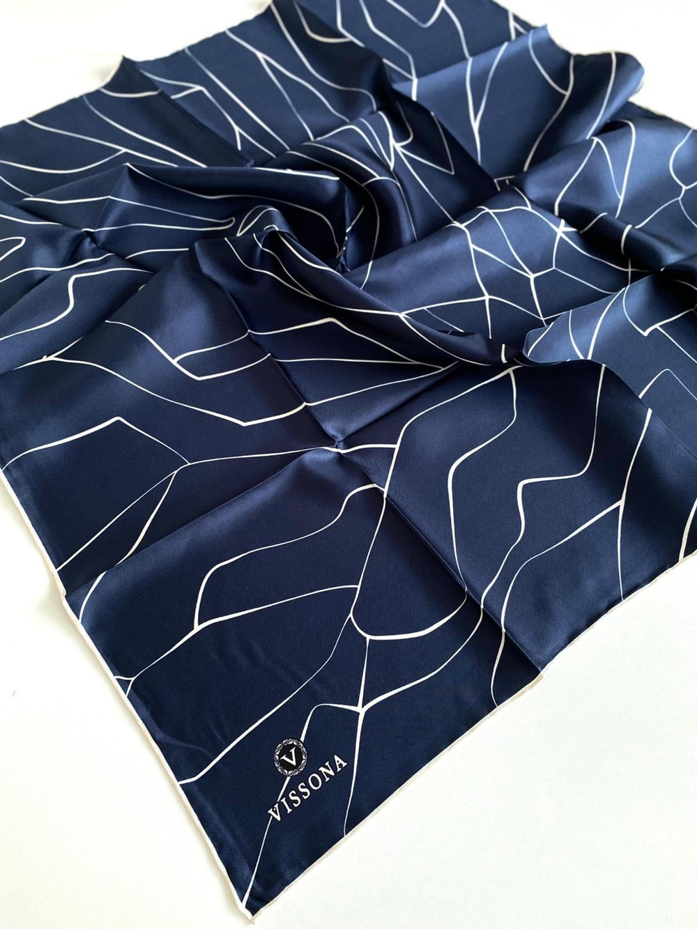 Vissona Twill İpek Eşarp - 60801 - 0033-0003 Lacivert Krem